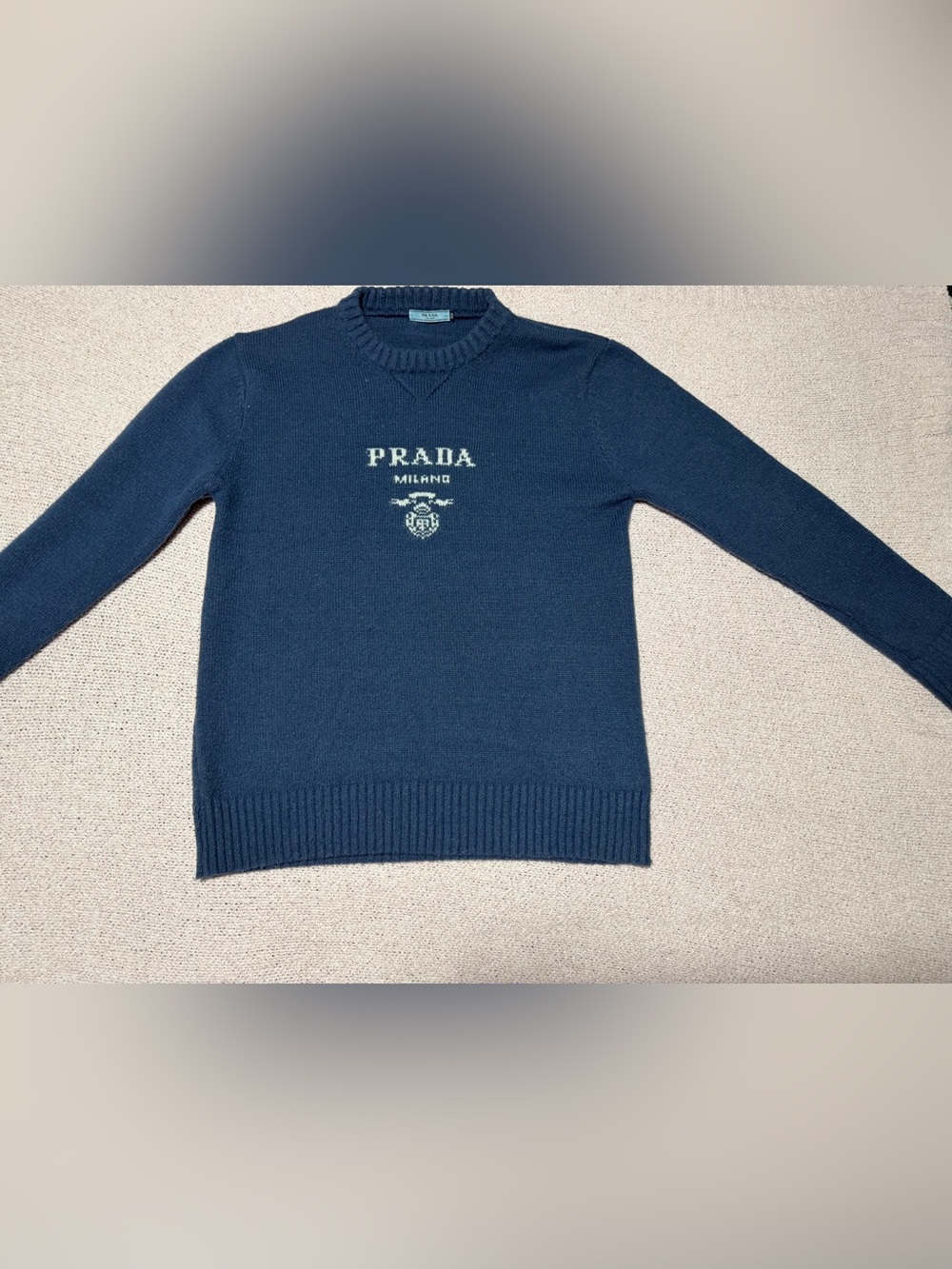 Prada Navy Crewneck Sweater with White Logo